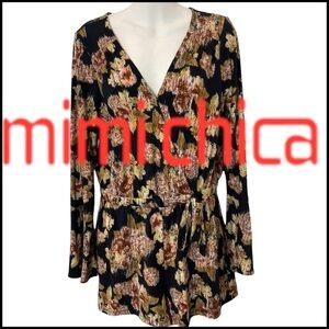 Mimi Chica Black/Tan/Pink V-Neck Pockets Bell Sleeve Romper (L)